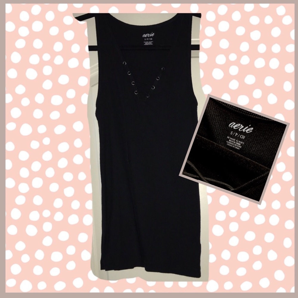 Aerie Lace Up Ribbed Tank Small Black